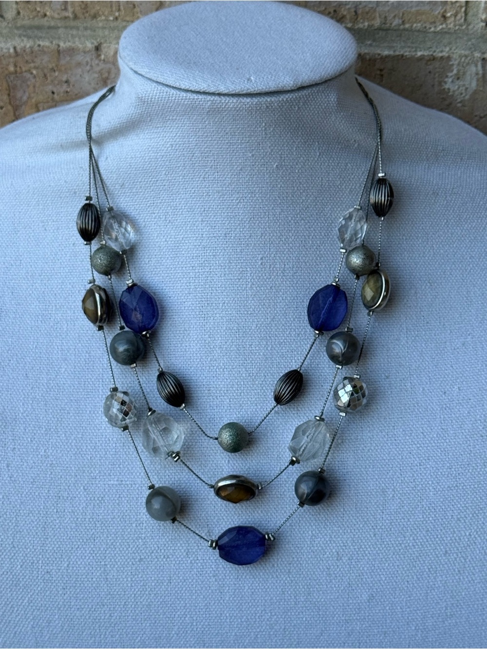 Multi-Strand Blue and Silver Bead Necklace - Women Jewelry
